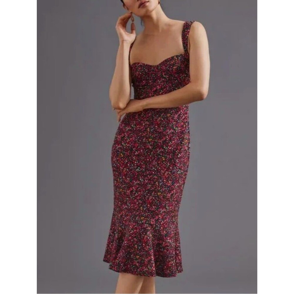 Hutch Floral Bustier Midi Sweetheart Pencil Dress XS Black Pink Cottagecore
